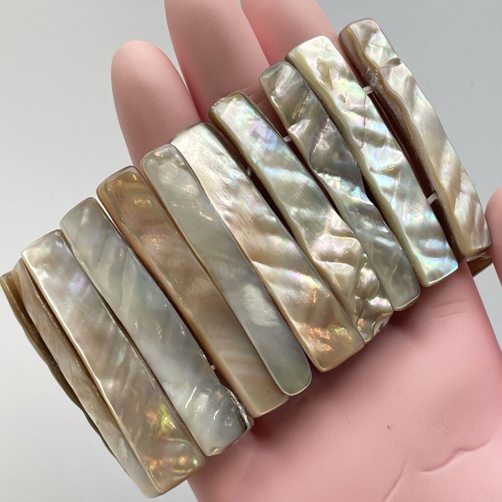 Mother of Pearl Shell Rectangle Beaded Stretch Wide Bracelet Boho Fashion